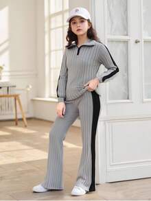 2pcs/Set Girls Casual Fashionable Minimalist Zip-Up Polo Shirt Long Sleeve Top And Striped Side Pants Set, Autumn/Winter 2025 - Grey - View 1