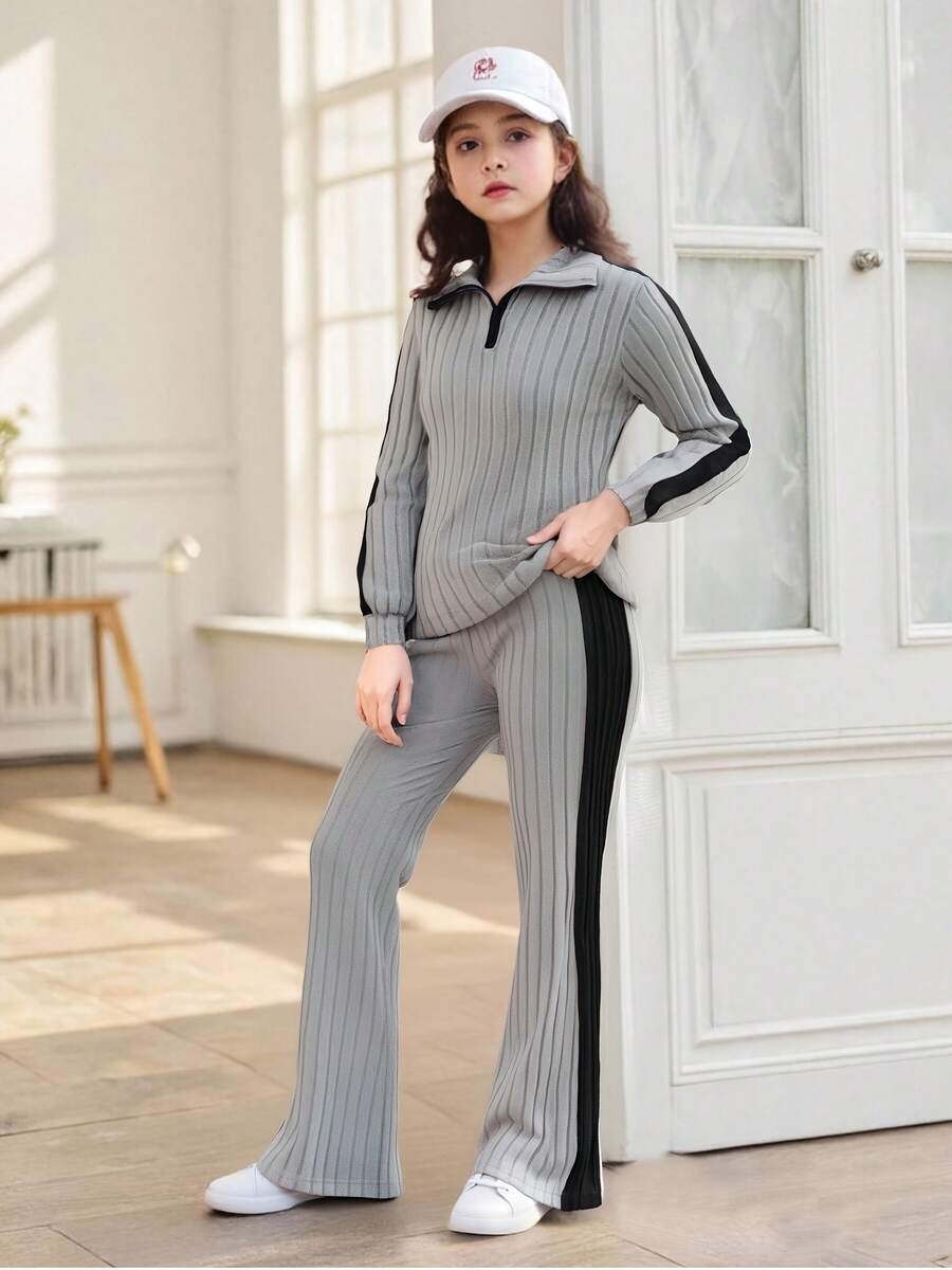 2pcs/Set Girls Casual Fashionable Minimalist Zip-Up Polo Shirt Long Sleeve Top And Striped Side Pants Set, Autumn/Winter 2025 - Grey - View 1