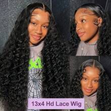 200% 密度 13x6 13x4 高清透明蕾丝前假发 - 长款杰瑞卷发假发 - 预插入预剪蕾丝深波浪无胶假发 - 深卷发片，真人发混纺，预拔毛，带绒毛，自然黑色，非常适合日常佩戴。 - 自然色&黑色系 - 查看 3