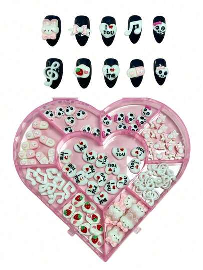 80pcs Winter New White Pink "I Love You" "I Love Me" Musical Note Skull Bow Rabbit Pill Heart Strawberry Cute 3D Cartoon French Ballet Nail Art Charms Flat Resin Phone Case Laptop Decoration DIY Crafts Nail Supplies Nail Gems