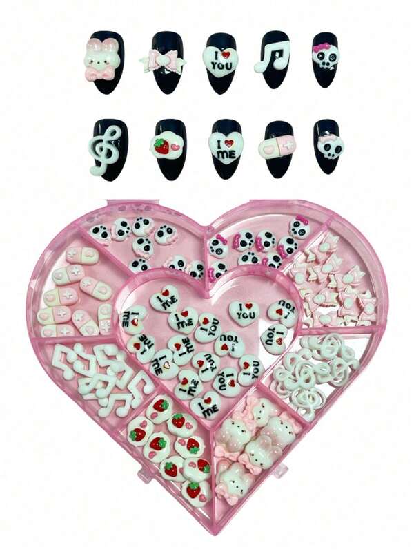 80pcs Winter New White Pink "I Love You" "I Love Me" Musical Note Skull Bow Rabbit Pill Heart Strawberry Cute 3D Cartoon French Ballet Nail Art Charms Flat Resin Phone Case Laptop Decoration DIY Crafts Nail Supplies Nail Gems