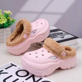 Thermal Lined Clogs For Women, Thick Sole Slip-On Shoes, Solid Color Outdoor Wear, 2025 New Thick Bottom Warm Cute Closed Toe Fluffy Slippers, Anti-Slip Nurse Shoes For Winter, Indoor/Outdoor Fashion Thermal Lined Clogs