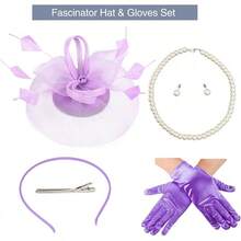 Ibeauti Fascinator Hats With Screentouch Lace Gloves Set Women Tea Party Cocktail Wedding Derby Headwear Short Gloves - 07紫色 - 查看 4