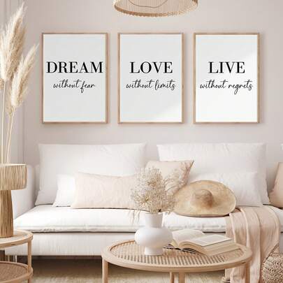 3 pezzi di poster con citazioni "Sogna, Ama, Vivi", stile moderno, con o senza cornice in legno, opere d'arte da parete, decorazione d'ispirazione per camera da letto, soggiorno, decorazione domestica