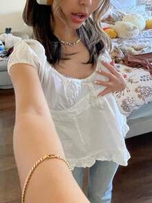 Women Y2k Fairycore Babydoll Shirt Top Plaid/Solid Color Lace Trim V-Neck Short Sleeve Button Front Ruffle Hem Gingham T Shirts Crop Tops Teen Girls Grunge Going Out Tunic Tops Cute Flowy Tee Vintage Aesthetic Clothes Casual Daily Streetwear - 白色 - 查看 5