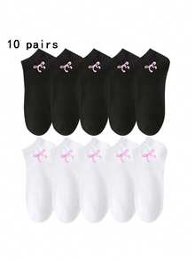 5/10/15 Pairs Unisex Comfortable Versatile Solid Color Black/White/Gray Bowknot Ankle Socks - Multicolor - View 3