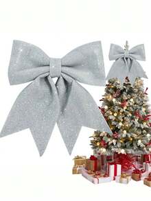2pcs Large Silver Flashing Ribbon Bow Ties, Red Bows - Christmas Wreath Bows, Christmas Flashing Bow Wreaths, Christmas Tree Party Decorations, Christmas Decorative Wreath Decorations, Suitable For Big Gifts - Indoor/Outdoor Use - Silver - View 2