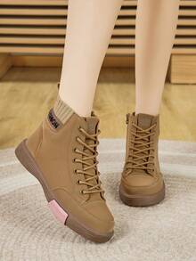 Women's Flat Lace-Up Fashion Western Boots, Lightweight Soft Sole Durable Outdoor Casual Side Zipper Ankle Boots, Autumn/Winter