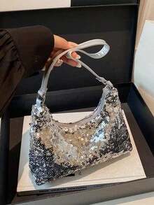 1pc Fashionable Sequin Silver Tote Bag, Casual Women's Shoulder Bag, Versatile White Backpack - Silver - View 4