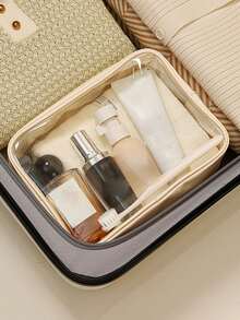 1 pieza Bolsa de aseo transparente impermeable, de gran capacidad y portátil para maquillaje, viajes al aire libre, natación, adecuada para guardar ropa interior, toallas, ropa en la maleta; tamaño mediano para cosméticos, lápiz labial; tamaño pequeño para cargadores, lápiz labial, fácil de llevar en el equipaje - Beis - Ver 5