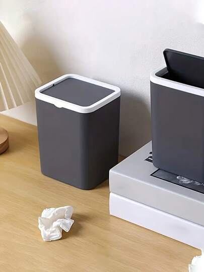 1pc Mini Square Storage Bin With Quiet Close Lid,Mini Trash Can With Press- Plastic Desktop Trash Can, Mini Plastic Waste Bin,Compact Home Desk Wastebasket With Flip Top, Small Garbage Container For Office, Bedroom,Bathroom, Home Office Desk Decor,Coffee Table, Office, Living Room, Study, Kitchen, Vanity Tabletop, Bedroom, Bathroom