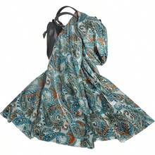 100% Mulberry Silk Scarf For Women Lightweight Long Scarves Beach Wraps Cover Up -Travel Photography Scarfhalloween - 藍白佩斯利花紋 - 查看 4