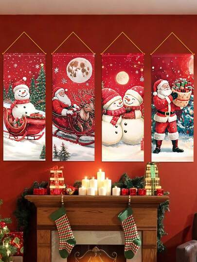 4 件圣诞挂旗、圣诞快乐麋鹿挂旗、圣诞老人和雪人设计、圣诞门挂、圣诞家居装饰、圣诞装饰、圣诞装饰、冬季装饰、冬季派对背景装饰、圣诞照片亭道具、圣诞挂饰、节日门装饰、家庭聚会用品、节日配件、适合室内和室外使用、新年装饰