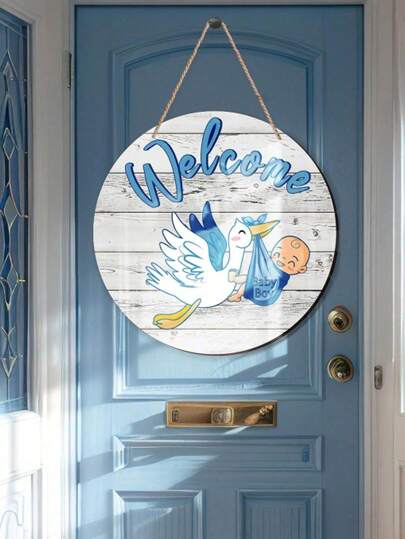 2pcs - Blue Wooden Welcome Baby - Hanging Door Sign, Baby Gate Sign Gender Reveal Welcome Sign Hanging Wreath Round Rustic Wooden Farmhouse Decor Holiday Front Door Decorations, Room Decor And Room Decoration For Baby Shower Porch Party Supplies, Wooden Hanging Ornaments Flat Hanging Wooden Hanging Home Decor Hanging Sign Door Sign. (Approx. 11.81in)
