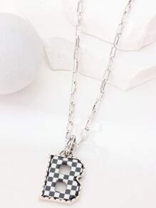 1pc Western Country Style Vintage Textured CCB Multicolor Leopard Print Black & White Plaid 26 Letter Minimalist Pendant Necklace, Sweater Chain