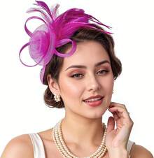 Fascinators Hats Women,Tea Party Fascinator Hair Clip With Feathers Wedding,Derby Hats Headbands - Ha9462-玫瑰紅 - 查看 1