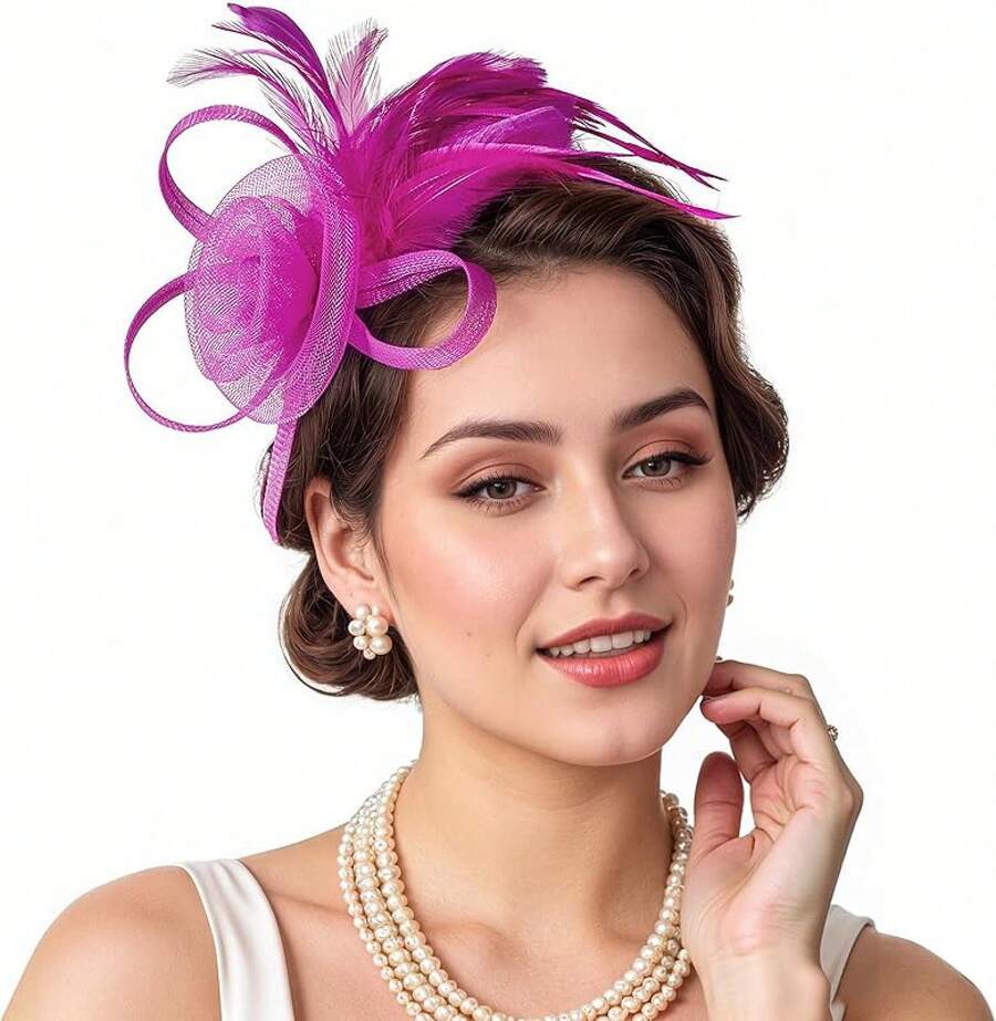 Fascinators Hats Women,Tea Party Fascinator Hair Clip With Feathers Wedding,Derby Hats Headbands - Ha9462-玫瑰紅 - 查看 1