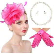 Ibeauti Fascinator Hats With Screentouch Lace Gloves Set Women Tea Party Cocktail Wedding Derby Headwear Short Gloves - 04 亮粉色 - 查看 1