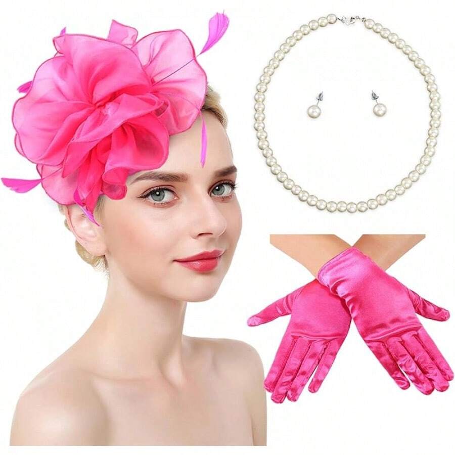 Ibeauti Fascinator Hats With Screentouch Lace Gloves Set Women Tea Party Cocktail Wedding Derby Headwear Short Gloves - 04 亮粉色 - 查看 1