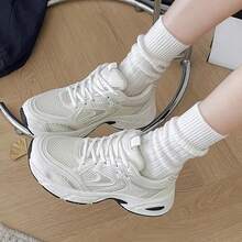New Soft Leather Thick-Soled Sports Shoes For Women, Women's Lightweight Breathable Mesh Daddy Sports Shoes/2025 Spring And Autumn Winter New Casual Running Shoes - 米色 - 查看 1