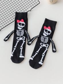 1/3 双骷髅牵手袜，磁吸白色袜子，可爱自动粘脚中筒袜，情侣款，春秋季 - 彩色 - 查看 5