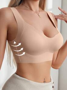 Lady's Seamless Push-Up Bra - Padded-Free Lifting V-Neck Camisole, Made Of Medium-Stretch Fabric With A Smooth Texture. This Lightweight-Structured Bra Serves As A Supportive Camisole, Ideal For Gym Wear. It Is A Stylish Piece Of Women's Lingerie. - Màu Khaki - Xem 4