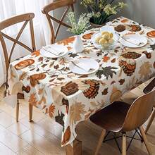 1pc Thanksgiving Turkey & Autumn Leaves Pattern Tablecloth, Seasonal Kitchen/Dining Table Decor, Round/Rectangular Sizes Available, Polyester Material, Indoor/Outdoor Party Decoration, Thanksgiving Holiday Decor, Home & Event