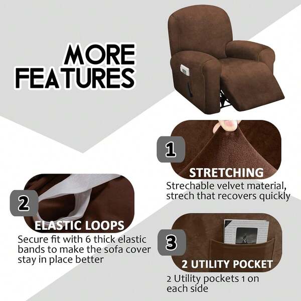 4-Piece, 1 Seat Recliner Cover, Velvet Stretch Reclining Chair Covers For 1 Cushion Reclining Sofa, Single Seat Recliner Couch Cover, Thick, Very Soft, Machine Washable (Chocolate),12391673