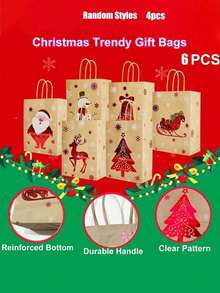 12Pcs Christmas Gift Bags With Handles,Reusable Christmas Gift Bags,Santa Claus Snowman Bells Christmas Tree Pattern Kraft Paper Bags,Party Favor Bags