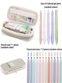 Four Kinds Of Candies, Totaling 18/35 Pieces. Fashion Stationery Set, With 1 Cute Pen Case, Including 12 Soft-Toned Highlighters, 6 Multi-Colored Ballpoint Pens, 1 Marker Pen, Suitable For Student Stationery, Essential For College (Green). Back-To-School Season, Stationery Supplies. Back To School.