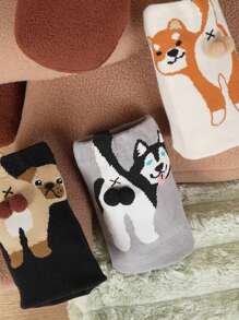 3双装女士卡通趣味小狗设计休闲可爱情侣中筒袜，日常百搭（随机发货） - 彩色 - 查看 3