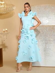 全新优雅 3D 花卉装饰时尚荷叶边无袖连衣裙，女士长款正式礼服，适合婚礼宾客、伴娘、派对、晚会 - 藍色 - 查看 4