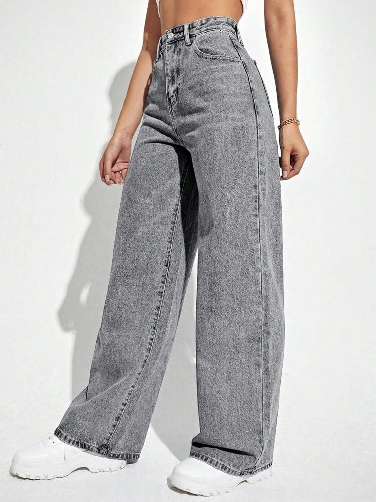 Women's Wide Leg Jeans, High Waist, Butt Lifting Pants - Grey - View 2