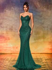 女士甜心领串珠礼服，优雅单肩鱼尾裙，适合正式晚宴、派对、颁奖典礼、婚礼等场合。 - 墨綠色 - 查看 7