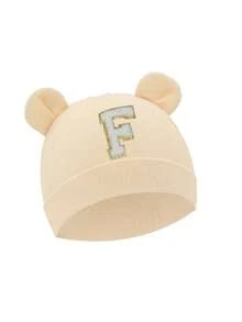 1顶新生儿A-Z字母医院帽，卡通熊耳朵柔软纯色针织帽，男女通用婴儿摄影道具，适合0-3个月宝宝 - 米色 - 查看 3