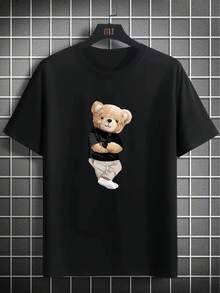 Camiseta Casual Negra para Hombre con Gráfico de Oso Genial - Ligera, Transpirable, de Poliéster, Cuello Redondo, Manga Corta para Verano - Negro - Ver 6