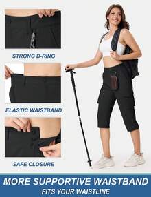 KEFITEVD Women's Cargo Capris Lightweight Hiking Capri Pants With Pockets Water Resistant Summer Travel Outdoor Casual - 黑色 - 查看 4