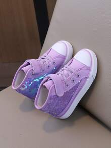 儿童闪光中帮时尚帆布鞋，平底，透气，防滑，女童运动鞋，亮色儿童运动鞋，适合返校 - 紫色 - 查看 6