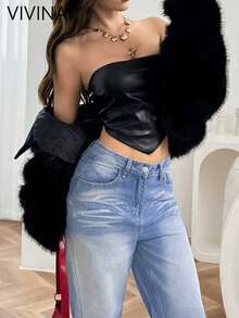 VIVINA Women's Fashionable Minimalist Solid Color Sexy Crop Top Leather Jacket, High-End Sleeveless Backless Outdoor Vacation Layering Top