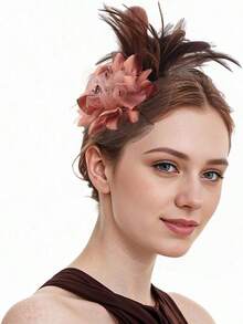 Fascinators Hats Women,Tea Party Fascinator Hair Clip With Feathers Wedding,Derby Hats Headbands - Style1-咖啡 - 查看 2
