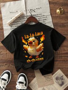 男孩和青少年学生休闲图案印花圆领短袖 T 恤，夏季上衣 - 黑色 - 查看 3