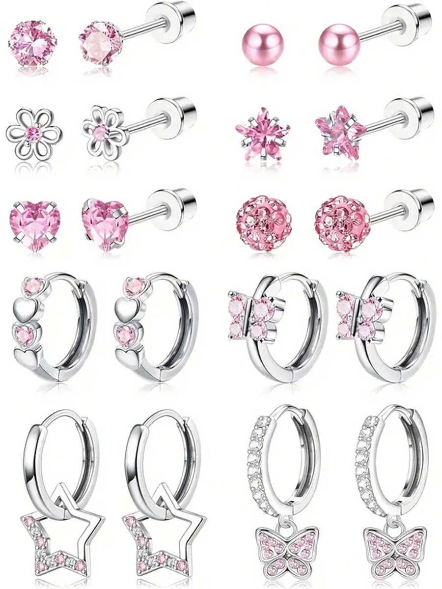 6/7/8 Pairs Girls Earrings Set, Cute Pink Heart, Butterfly, Flower Screw Back Stud Earrings, Hypoallergenic Stainless Steel Earrings, Sleeping Earrings