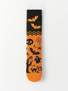 4 Pairs Halloween Themed Crew Socks, Pumpkin, Witch, Ghost, Bat Designs, Funny & Socks, Suitable For Holidays And Gifts, Fall Socks