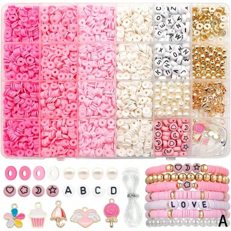 1 Box Of 24-Grid Clay Bead Making Kit, Valentine's Day DIY Friendship Bracelet Set For Necklace And Bracelet Making
