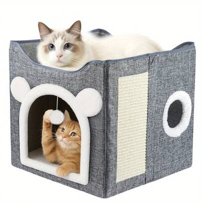 Shoze Large Cat Cave For Pet House With Fluffy Ball Hanging And Scratch Pad