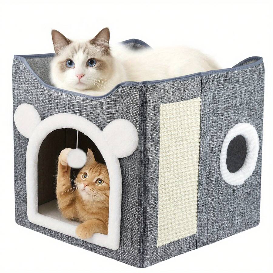 Shoze Large Cat Cave For Pet House With Fluffy Ball Hanging And Scratch Pad - grey- - View 1