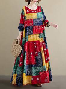 AZAH 上衣2025秋季新款圆领长袖褶皱宽松连衣裙女板裙波西米亚休闲度假沙滩裙打底裙一体裙秋季长裙 - 彩色 - 查看 3