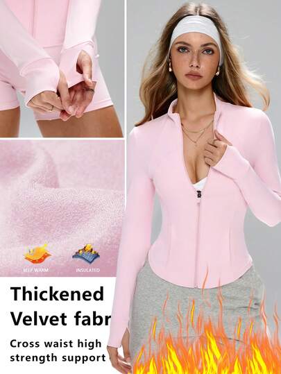 FWH Waist-Cinching Silhouette,Thumbhole Cuffs,Plush Thermal Lined,Professional Aesthetic,With Athletic Functionality,Professional Workout Jacket,Office-Friendly Gym Coat,Women's High-Neck Exercise Jacket,Slim-Fit Workout Coat With Thumbholes For Professional Women,Elegant High-Neck Fleece Jacket