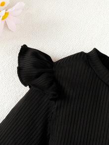 女婴法式优雅套装（2件套）：黑白千鸟格连衣裙+黑色荷叶边袖上衣+发带，0-5岁针织条纹连衣裙，日常穿着及拍照服装，2025春秋新款 - 黑色 - 查看 4