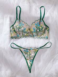 Women's Mesh Floral Embroidered Cute & Sexy Lingerie Set - Green - View 4